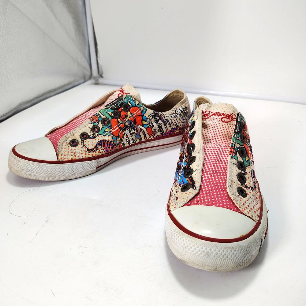 Ed Hardy Rattle Snake Rose Rhinestone Canvas Pink White Shoe Women Sz 9 Y2K